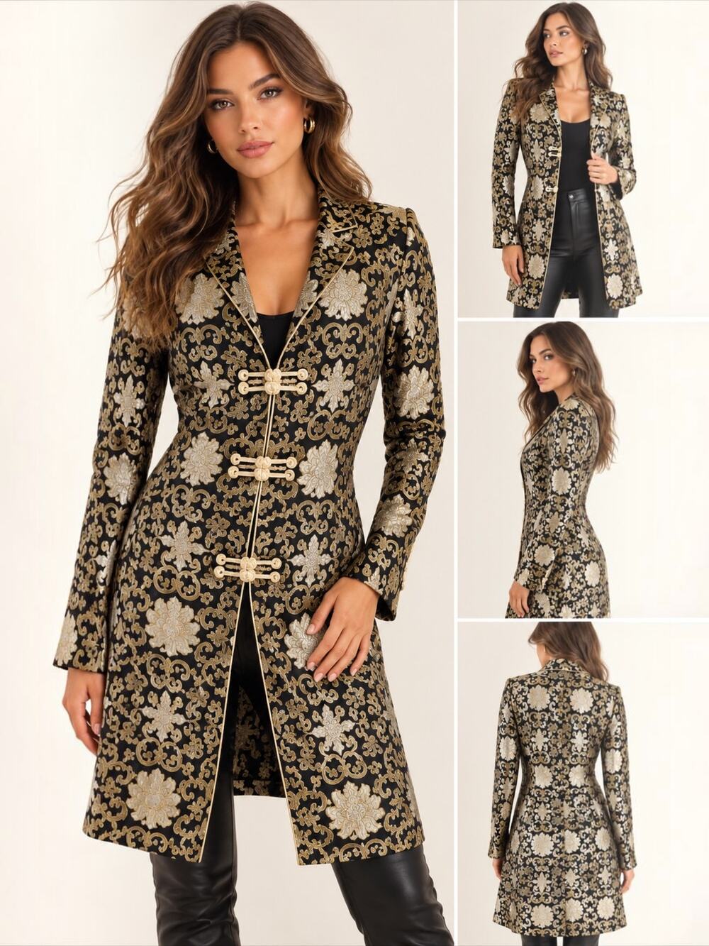 LanVie Y2K Black Gold Brocade Jacquard Frog Closure Coat Size 8